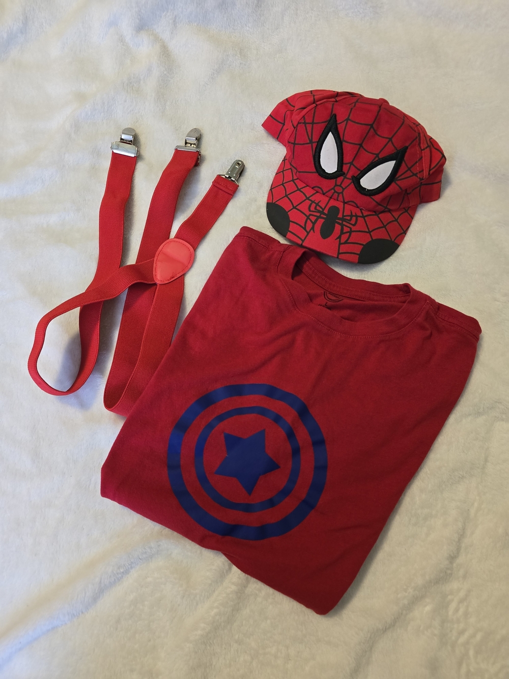 Marvel Superhero Boys Bundle Spider-Man Hat, Suspenders, Captain America Shirt
